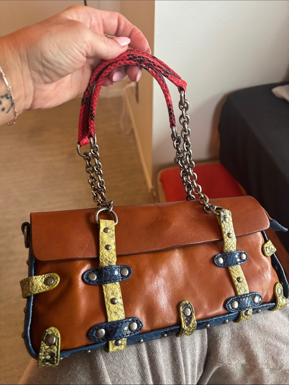 Cynthia Rowley Brown Mini Satchel with Yellow and Navy Trim and Red Handles